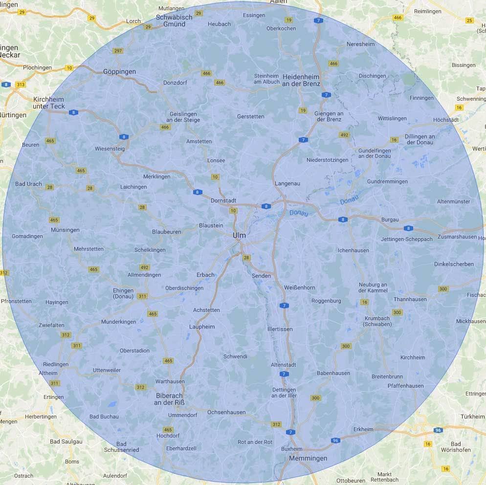Entrümpelung-Ulm Kartenradius In diesem Umkreis sind wir Tätig